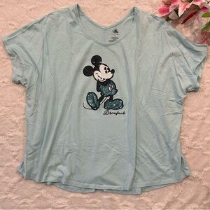 Disney Parks - Mickey Mouse Aqua Sequin Cotton Blend Short Sleeve Dolman Top 1X
